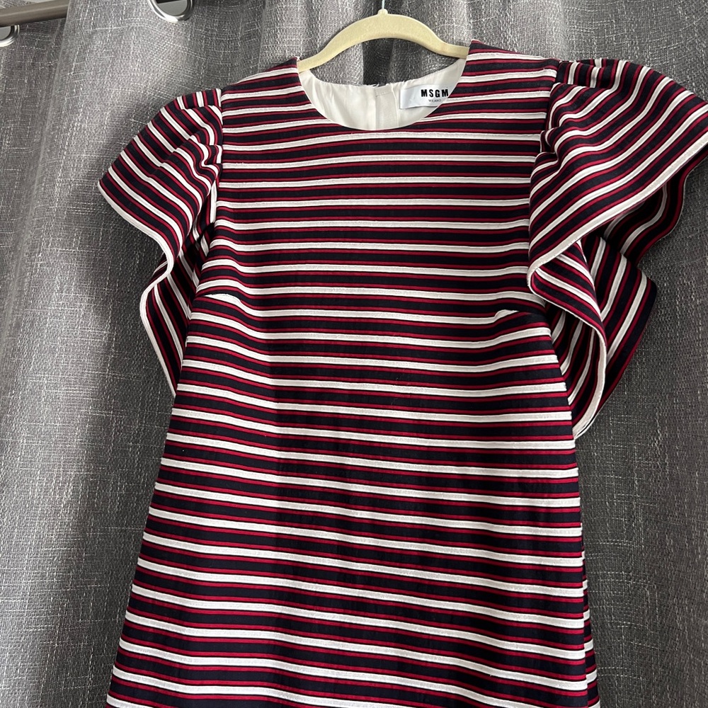 MSGM Milan red white & blue striped dress with ruffle short sleeves & pockets - Picture 6 of 16